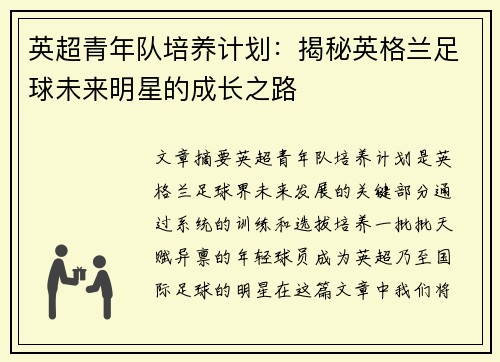 英超青年队培养计划：揭秘英格兰足球未来明星的成长之路