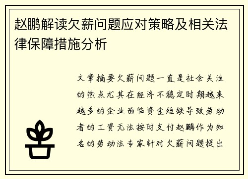 赵鹏解读欠薪问题应对策略及相关法律保障措施分析